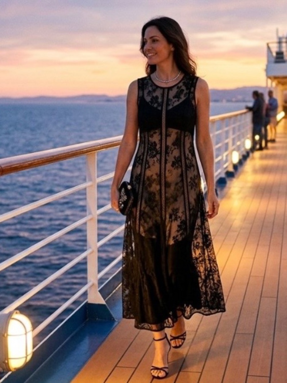 Vintage Black Floral Lace Goth Sleeveless L Midi Dress Fit & Flare Sheer Overlay